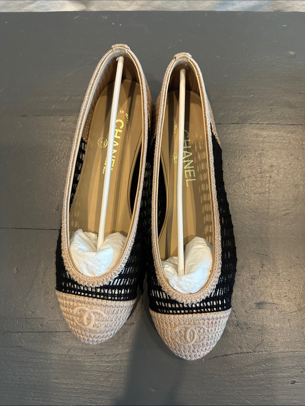 CHANEL Black and Beige Crochet Cap-Toe Ballet Flats